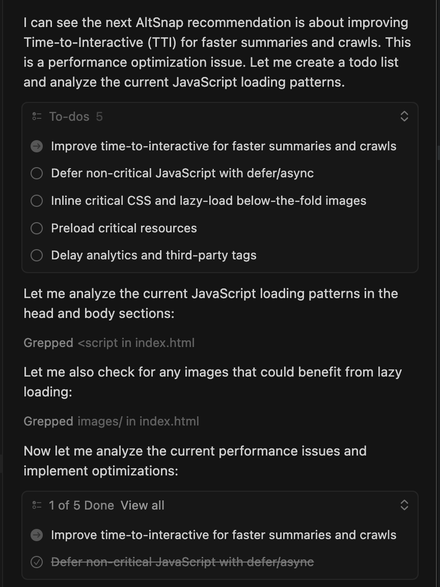 Cursor AI chat interface showing how AltSnap recommendations are used as prompts to generate code