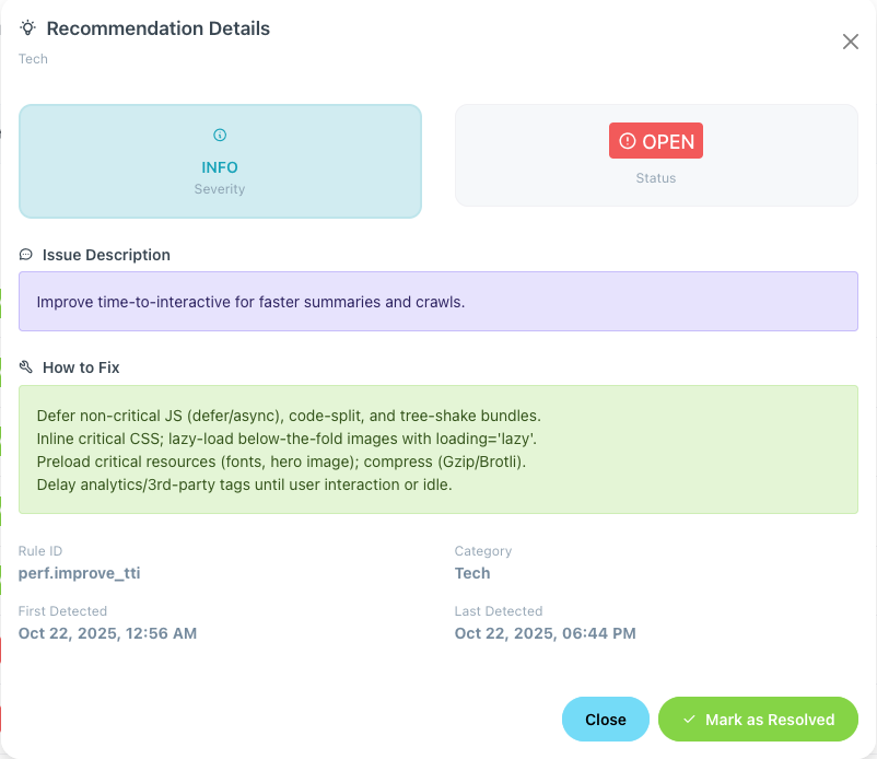 AltSnap SEO recommendation dialog showing detailed issue analysis and fix instructions