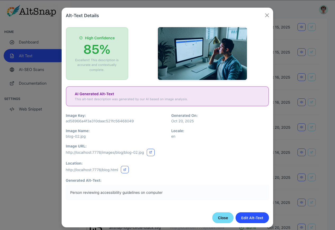 AltSnap AI platform interface showing automated alt text generation for web images