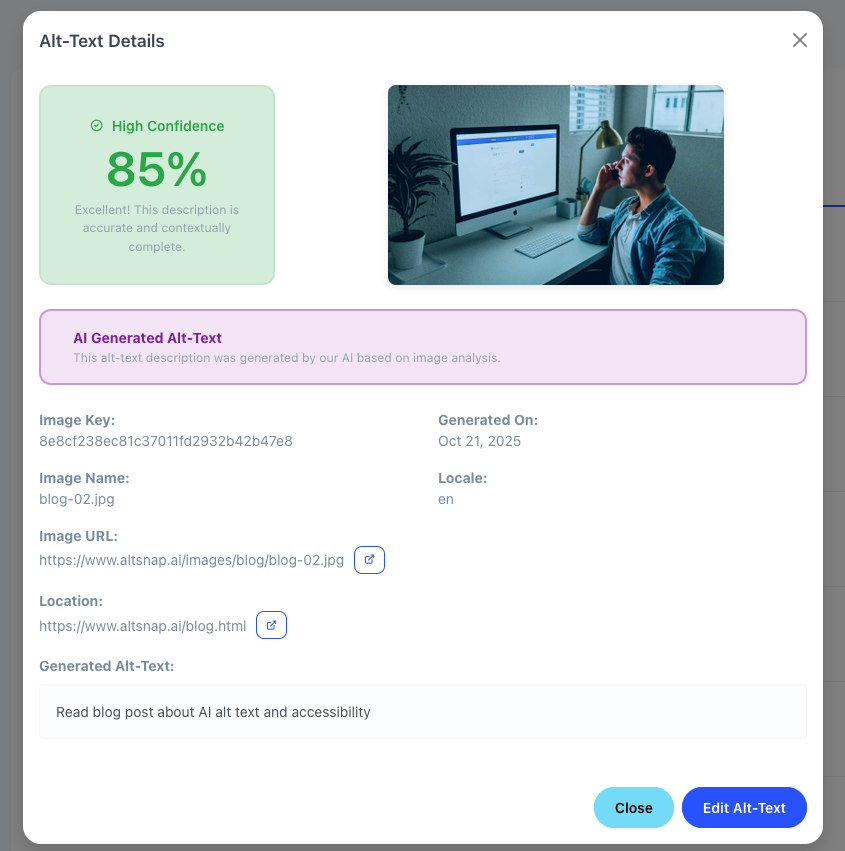 AltSnap Alt Text Details Modal showing confidence score, image preview, and editable alt text