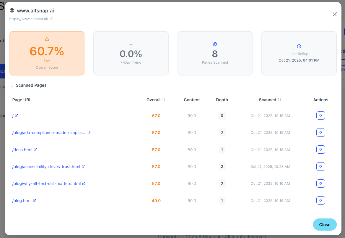 AltSnap Site Details showing site overview metrics and scanned pages table