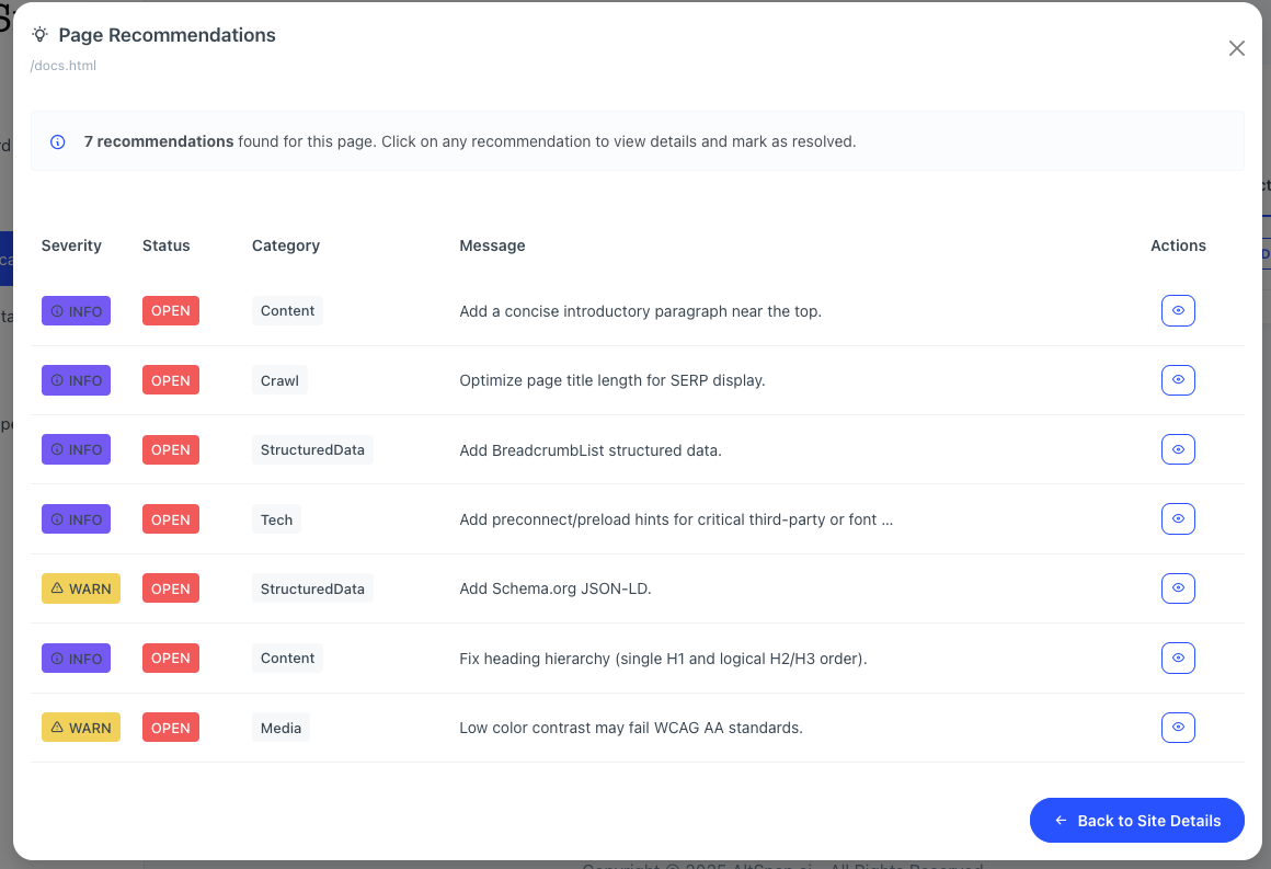AltSnap Page Recommendations showing list of SEO issues with severity and status